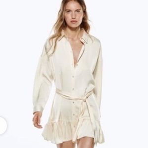 Nwt Cream colored button down belted satin ruffled dress from Zara